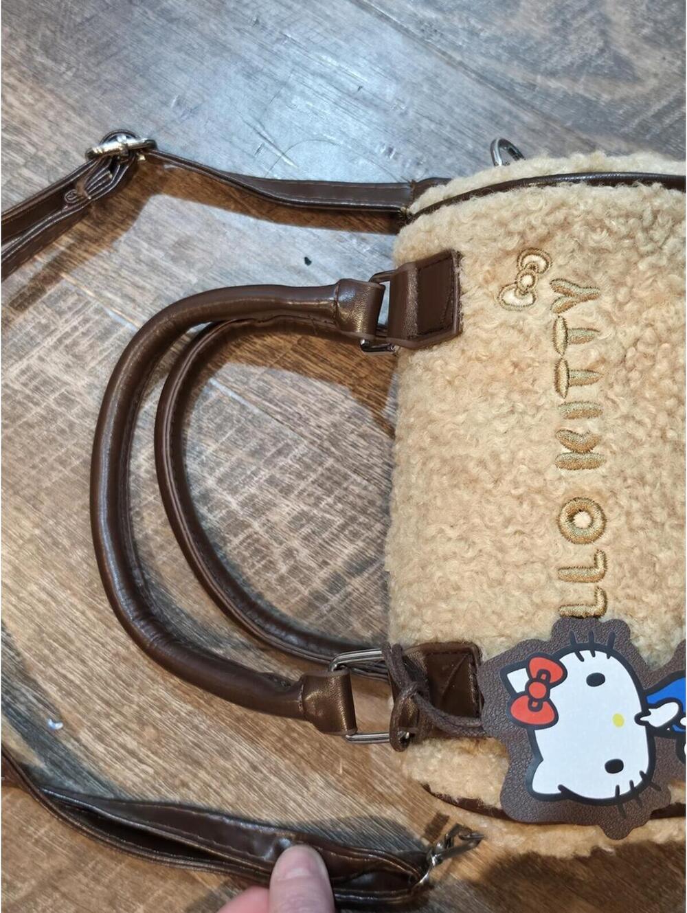 Hello Kitty Faux Shearling Barrel Crossbody Bag - Beige and Brown - Picture 7 of 8